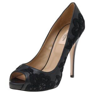 Valentino Black Leather Embroidered Peep-Toe Platform Pumps Heels EU 36